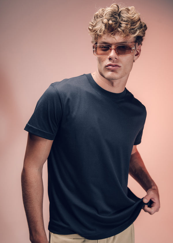 T-Shirt Pima Interloque Gola Média Azul Marinho