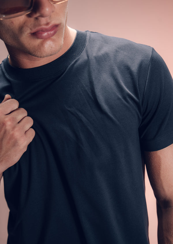 T-Shirt Pima Interloque Gola Média Azul Marinho